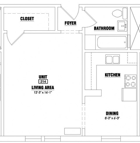 Floor plan for studio, 1 bath, 441 sqft